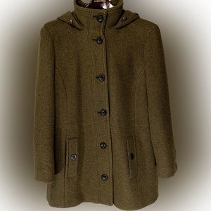 Land’s End 12P button up, military green, lined, pockets, hooded Pea Coat Women